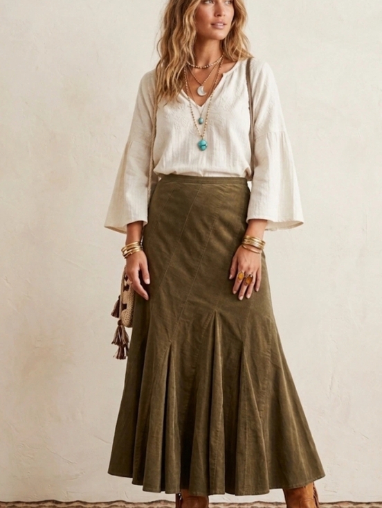 Dresses & Skirts - Lois Crayon Skirt Midi Olive Fit&Flare Pinwheel Corduroy Line Cottagecore Boho M